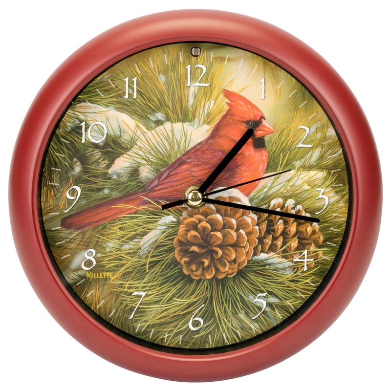 Mark Feldstein & Associates Mark Feldstein Wild Wings December Dawn Cardinal Round Red Frame 8 Inch Christmas Bird Sound Wall Clock - Image 1